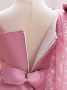 H HIBOBI فستان حفلة عيد ميلاد بنات رقيق غير متماثل الأكمام مزين بالكشكشة والشريط