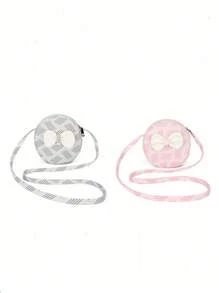 1 件女孩可爱蝴蝶结尼龙小圆形斜挎包，时尚条纹手机和零钱包，理想的礼物，拉链开合，适合所有季节