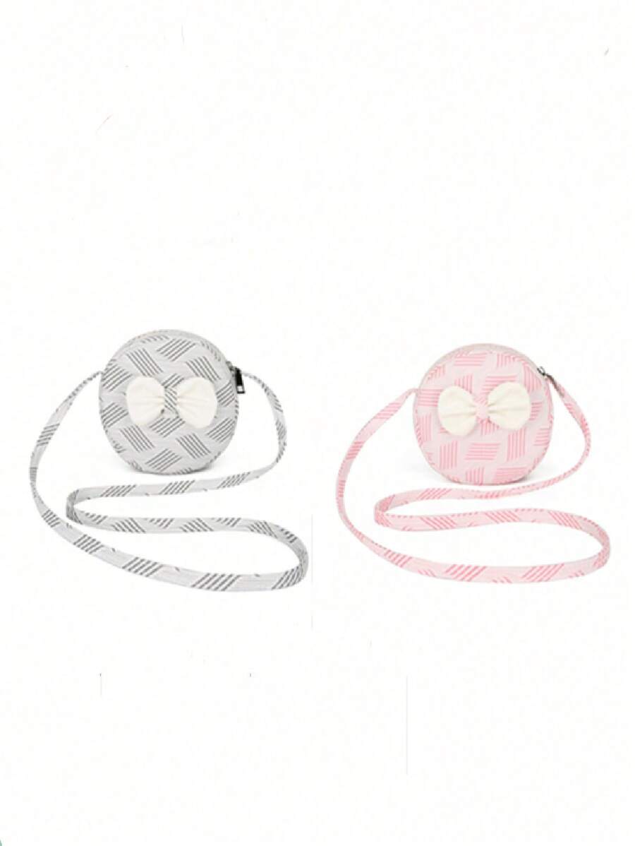 1 件女孩可爱蝴蝶结尼龙小圆形斜挎包，时尚条纹手机和零钱包，理想的礼物，拉链开合，适合所有季节