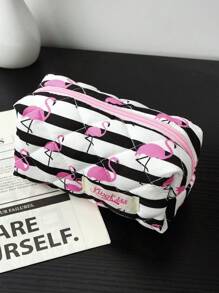1pc Beautiful Black And White Striped Pink Flamingoquilted Makeup Bag.Valentines Travel Make Up Bag, Multifunctional Cosmetics Bag.Handheld Bathroom Wash Bag, Jewelry Storage Bag, Perfume Skin Care Storage Bag, Brush Bag, Sanitary Napkin Bag - Black and White - View 15