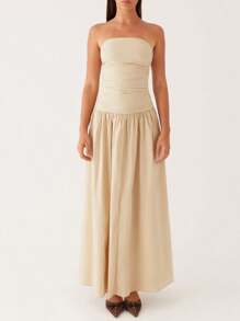 Women Tube Top Maxi Dress Elegant Sleeveless Strapless Ruched Flowy Dress Summer Long Wedding Party Cocktail Dresses - Khaki - View 2
