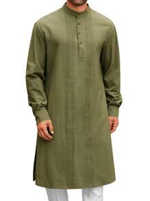 Men's Long Sleeve Button Down Cotton Linen Kaftan Robe Thobe Perfect For Casual Muslim Gown Henley Shirt - Army Green - View 2