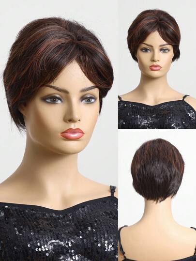 Halloween Costume Wig Synthetic Fiber Heat-Resistant Wig With Bangs 10 Inch Multi-Color Straight Short Hair Fully Machine Manufactured For Daily Gatherings, High-Quality Women's Natural And Beautiful Synthetic Soft Fake Fiber Hair