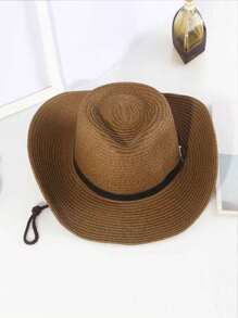 1pc Men's Straw Woven Sun Hat, Large Brim Cowboy Fishing Hat For Outdoor Spring Summer Beach Vacation, Foldable Wide Brim Breathable Woven Grass Cap - MZ1706 - View 3