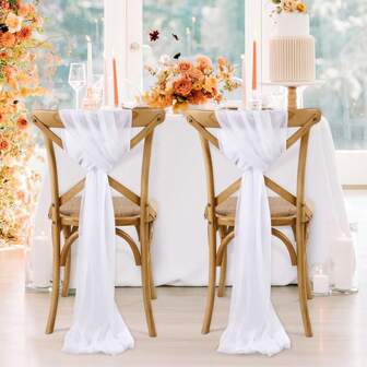 1pc/2pcs/4pcs White Floral Chiffon Chair Cover Decor, Wedding Ceremony & Banquet Decoration, 20cm X 275cm