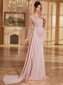 New Arrival Elegant Party Guest Dress, Sequin Embellishment Romantic Square Collar Sleeveless Dress, Spring/Summer Wedding Guest Dress, Formal Dress, Evening Dress,Gown