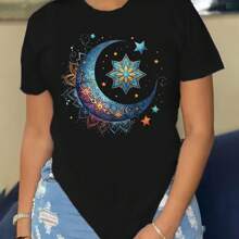 1pc Women'S Casual Round Neck T-Shirt, Polyester Knit Fabric, Regular Length, With Geometric Moon And Floral Print, For Spring Summer Autumn Fashion Top