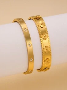 Exaggerated 4-Leaf Clover Stainless Steel Bangle Set For Women, Suitable For Multiple Occasions, Couples, Gala, Party And Gift