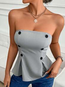 Top con silhouette tube top, vita semplice e colore unito, casual e sexy, per donna - Grigio - Visualizzare 7