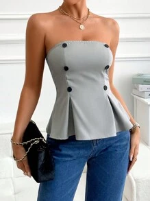 Top con silhouette tube top, vita semplice e colore unito, casual e sexy, per donna - Grigio - Visualizzare 4