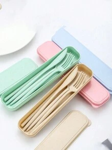 Set de 3 piezas de utensilios de viaje portátiles con estuche, cubertería reutilizable que incluye cubiertos, cuchara de café, tenedor de ensalada, cuchillo de bistec, palillos para comida, cuchara de postre y caja de almacenamiento, cubertería reutilizable con estuche, set de utensilios portátil para adultos - Multicolor - Ver 5