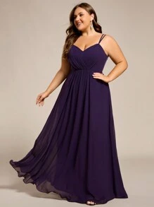 EVERPRETTY Plus Chiffon Spaghetti Strap Plunging Backless Pleated Bridesmaid Dresses - Purple - View 3