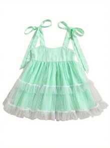 Vestido de princesa para bebé niña, sin mangas, con tirantes anudados, lunares suizos, volantes y tul. Conjunto de verano para niña pequeña. - Verde - Ver 1