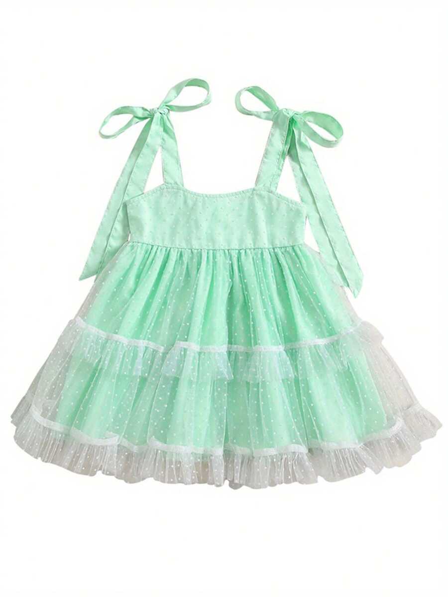 Vestido de princesa para bebé niña, sin mangas, con tirantes anudados, lunares suizos, volantes y tul. Conjunto de verano para niña pequeña. - Verde - Ver 1