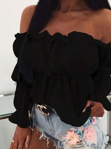 Off Shoulder Long Sleeve Tops For Women Solid Color Blouse, Flare Bell Sleeve Loose Shirt - 黑色 - 查看 1