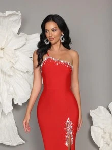 Handmade Beaded One Shoulder Knit Bandage Bodycon Dress, Elegant For Family Gatherings, Parties, And Evening Occasions - Red - View 7