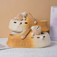 女士休闲一脚蹬厚底木屐，时尚穆勒鞋，防滑，卡通印花，适合春夏季，适合海滩、户外、工作、育儿 - 米色 - 查看 4