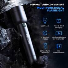 PHILIPS 1 szt. Latarka ładowana przez USB Mocna latarka o bardzo długim promieniu Przenośne domowe światła LED z 4 trybami oświetlenia Przetrwanie na świeżym powietrzu Oświetlenie zewnętrzne Awaria zasilania Światła awaryjne Do pracy w terenie, oświetlenie drogowe, piesze wędrówki, wspinaczka, prezenty na Święto Dziękczynienia i Boże Narodzenie