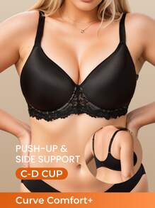 Elegant Black Satin Minimizer With Lace Trim T-Shirt Bra – Women's Plus Size, Compression, Lift, Full Coverage & Ultimate Comfort