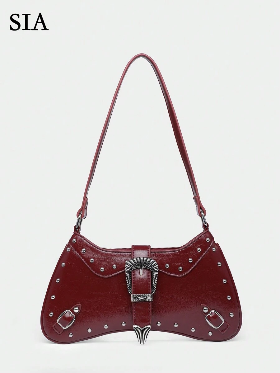 Bolso de lona encerada con decoración de remaches, estilo boho retro occidental, con estampado de leopardo de angora, apropiado para citas, salidas, fiestas, festivales de música