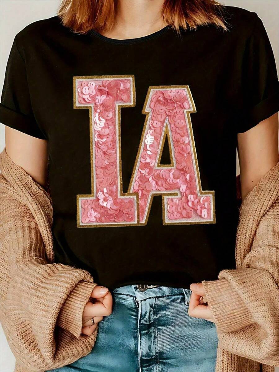 Camiseta de mujer 100% algodón con estampado floral y letra - Camiseta casual de cuello redondo, estilo de moda casual de manga corta