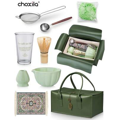 choxila Bộ 7 món Matcha truyền thống dành cho người mới bắt đầu, Bộ dụng cụ đánh trứng Matcha, Bộ dụng cụ pha trà Matcha, Bộ quà tặng Matcha có túi đựng, Bao gồm bát Matcha, dụng cụ đánh trứng Matcha bằng tre, Muỗng múc trà, Giá đựng dụng cụ đánh trứng, Rây Matcha, Tách trà, Thảm trà Quay lại trường học