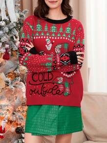Ugly Christmas Sweaters For Women Funny Snowman Snowflake Print Long Sleeve Knitted Crew Neck Pullover Sweater Cute Xmas Sweater - Red - View 4