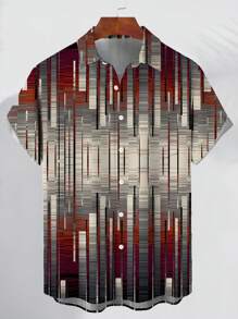 Retro Geometric Gradient 3D Print Men's Button Pocket Short Sleeve Shirt - Multicolor - View 2