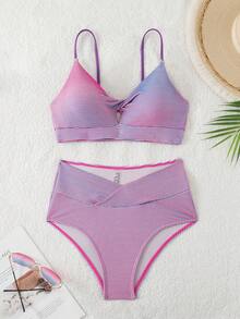 Summer Spring Swimwear Cross Strap Gradient Color 2-Piece Bikini Knot V-Neck Swimsuit Suitable For Beach Pool Women's Swimwear And Clothing High Waist Back Adjustable Shoulder Strap Women's Bikini Set Beachwear - Red Violet - View 7