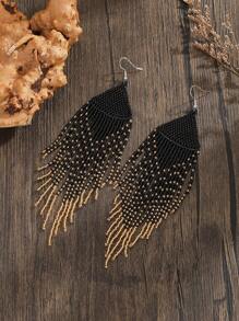 Bohemian Style Beaded Dangle Earrings, Black Ombre Long Tassel Drop Design, Elegant Sparkly Handmade Glassy Beaded, Versatile For Women's Daily, Vacation, Gifting, Suitable For Valentine's Day, Holidays,Mom,Mother,Mother's Day,Gift