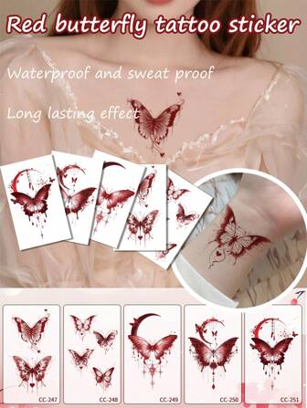 Set de 5 piezas o 1 pegatina de tatuaje temporal desechable resistente al agua y al sudor con estampado de mariposa roja y luna, de alta calidad, para uso en clavícula, brazo, pantorrilla y otras partes del Body, apto para niñas