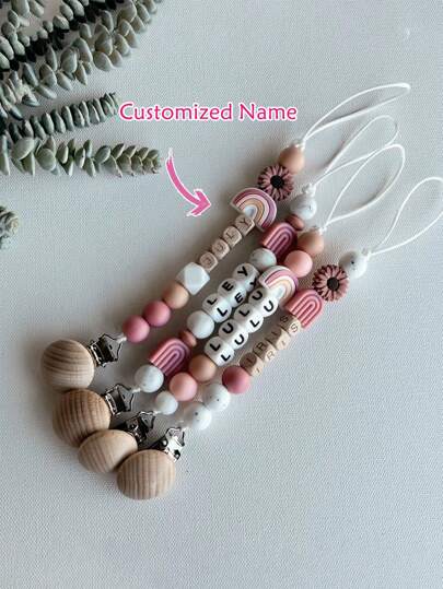 1 pieza Placa con nombre personalizado, letra, texto de silicona nueva, DIY, placa de identificación de madera de arce con margarita, decoración de cuentas de llavero anti-pérdida personalizado