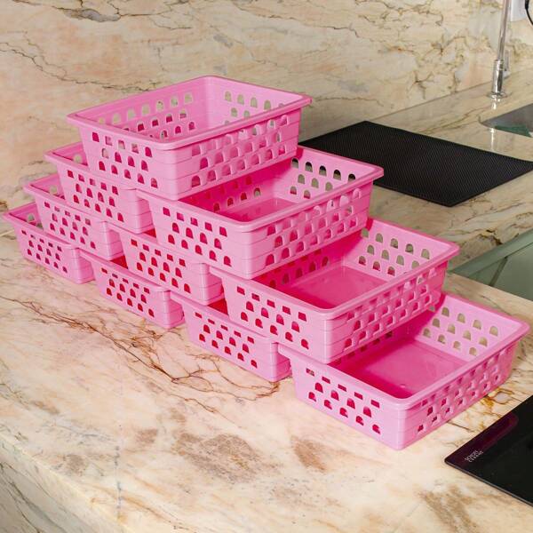 Kit com 10 Cestos Organizadores Multiuso Rosa 20x15,5x6,5 Médio