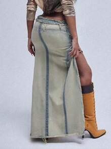 Y2K Vintage Washed Frayed Hem Asymmetric Hem Denim Skirt, Sexy Music Festival