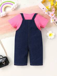Soft & Comfortable Fashion Cute Young Girls Solid Color Round Neck T-Shirt And Bowknot Decor 3D Cat Print Bib Denim Jumpsuit Shorts, Spring/Summer Casual Daily Holiday Party Outfit - Multicolor - View 3