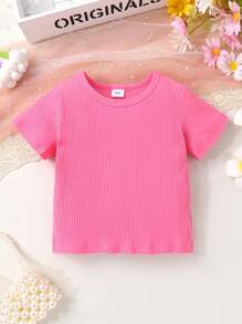 Soft & Comfortable Fashion Cute Young Girls Solid Color Round Neck T-Shirt And Bowknot Decor 3D Cat Print Bib Denim Jumpsuit Shorts, Spring/Summer Casual Daily Holiday Party Outfit - Multicolor - View 5