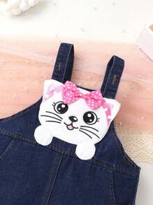 Soft & Comfortable Fashion Cute Young Girls Solid Color Round Neck T-Shirt And Bowknot Decor 3D Cat Print Bib Denim Jumpsuit Shorts, Spring/Summer Casual Daily Holiday Party Outfit - Multicolor - View 7