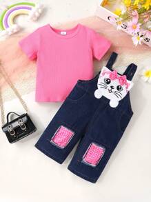 Soft & Comfortable Fashion Cute Young Girls Solid Color Round Neck T-Shirt And Bowknot Decor 3D Cat Print Bib Denim Jumpsuit Shorts, Spring/Summer Casual Daily Holiday Party Outfit - Multicolor - View 2