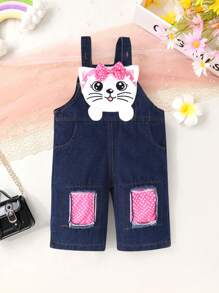 Soft & Comfortable Fashion Cute Young Girls Solid Color Round Neck T-Shirt And Bowknot Decor 3D Cat Print Bib Denim Jumpsuit Shorts, Spring/Summer Casual Daily Holiday Party Outfit - Multicolor - View 6