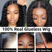 Glueless Wig Human Hair Kinky Curly Bob Wig Pre Cut Lace Front Wig Wear And Go Glueless Wig Real Hair 4x4 Lace Closure Wigs Brazilian Virgin Hair 180% Density Natural Black Wig - Natural Black - 查看 7