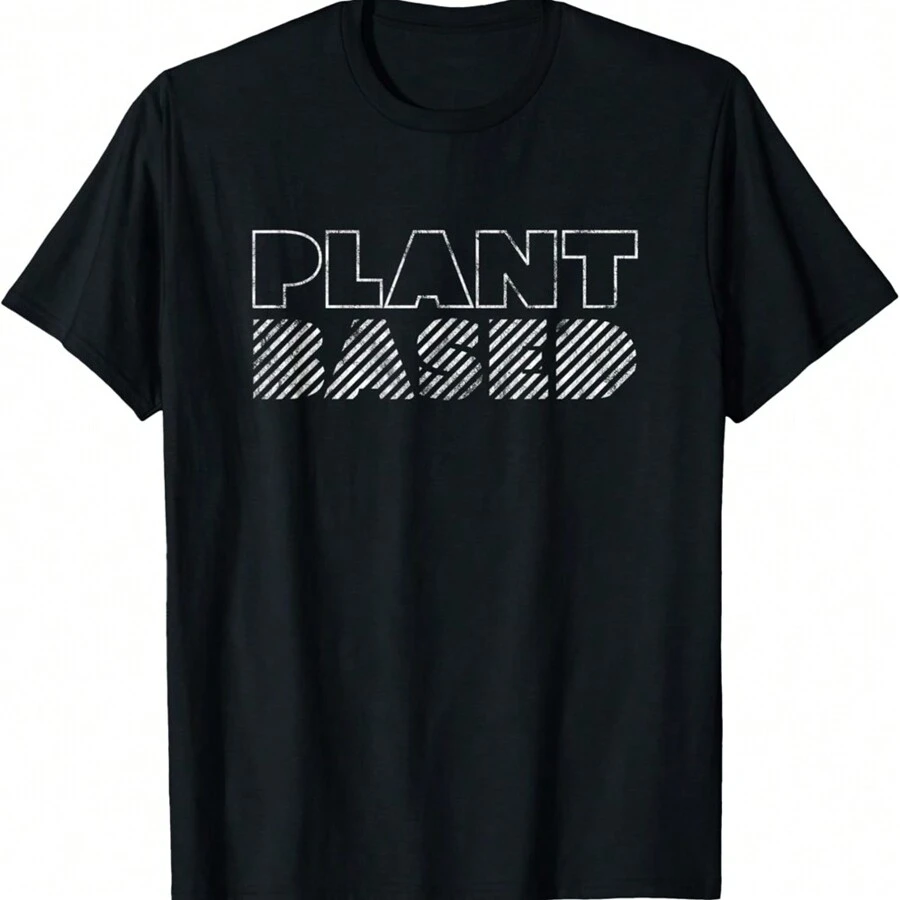 Stylish PLANT BASED Modern Vegan Vegetarian Meme Saying T-Shirt - 黑色 - 查看 1
