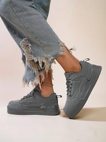 Deportivas de plataforma con cordones y encaje gris estilo sencillo para mujer, calzado deportivo unisex ligero y cómodo para uso casual/diario, nuevo lanzamiento 2025