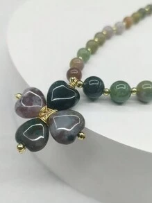 1pc Natural Stone Colorful Multicolor Original Design Four-Leaf Clover Pendant Long Necklace