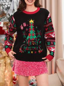 Women Christmas Sweater Long Sleeve Crew Neck Tree Letters Pullover Sweater Winter Sweater - Black - View 1