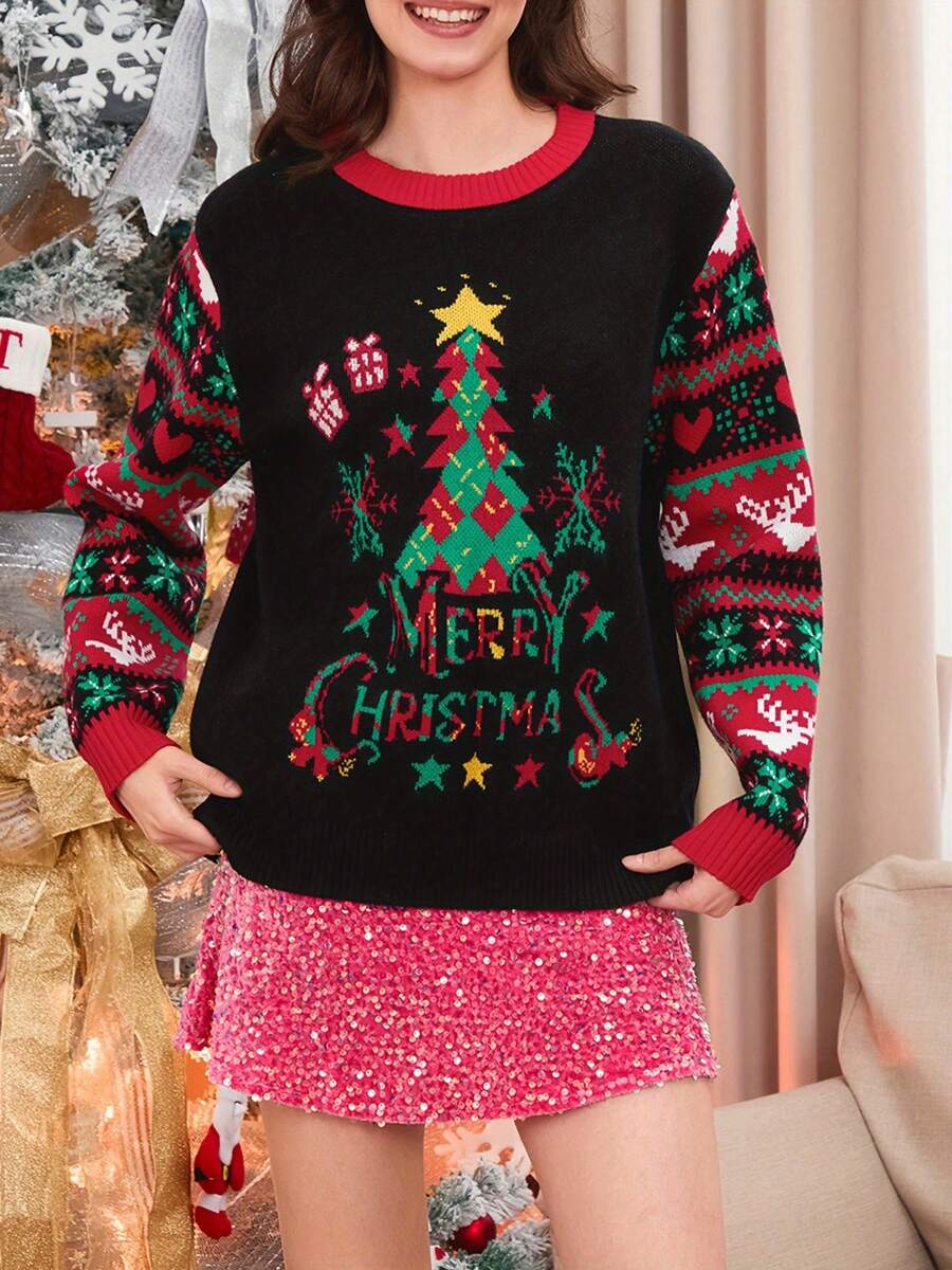 Women Christmas Sweater Long Sleeve Crew Neck Tree Letters Pullover Sweater Winter Sweater - Black - View 1