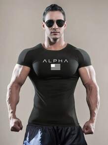 Compressão masculina bandeira nacional impressa manga curta esportes activewear, alta elasticidade para corrida, treino de ginástica - Preto - Ver 2