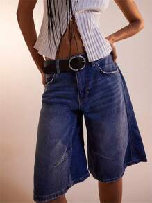 Womens Knee Length Denim Shorts Solid Color Low Waist Wide Leg Jean Shorts For Summer - Blue - View 5