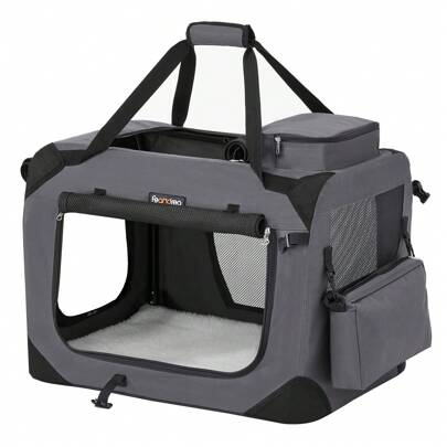  Feandrea Transportín para Gatos y Perros, Plegable, Portátil, Tela Oxford, Malla Transpirable, Marco de Acero, con Asas y Bolsillos, 60 x 42 x 42 cm, Gris MPDC60GY