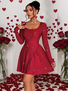 AIJ Amarilo 女士性感时尚方领亮片露背伞形长袖摆裙，适合约会、派对