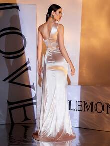 LOVE&LEMONADE Apricot Satin One-Shoulder Slit Long Flowy Evening Gown, Party Dress, Wedding Guest Dress, Formal Dress, Evening Dress - Apricot - View 7